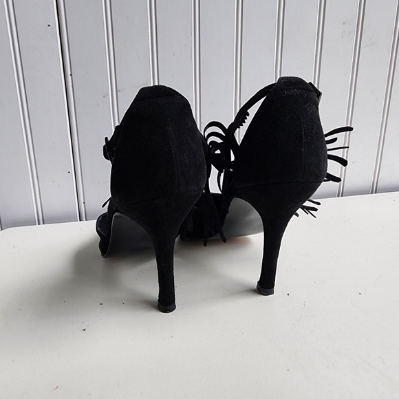 RARE Stuart Weitzman Fringelica Suede Point Toe Pump Black Ankle Strap Heel 7.5 - Picture 9 of 16